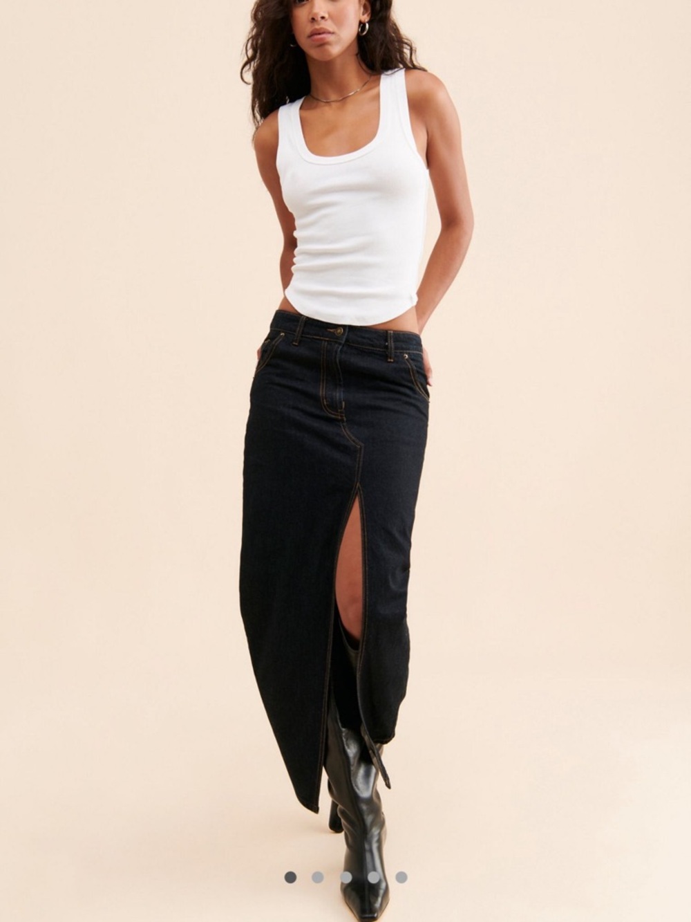 Lioness Black Denim Maxi Skirt with Center Front Slit